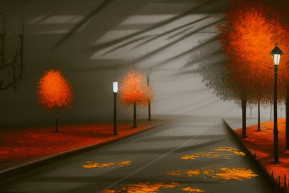 Foggy Autumn Night Scene with Street Lamp