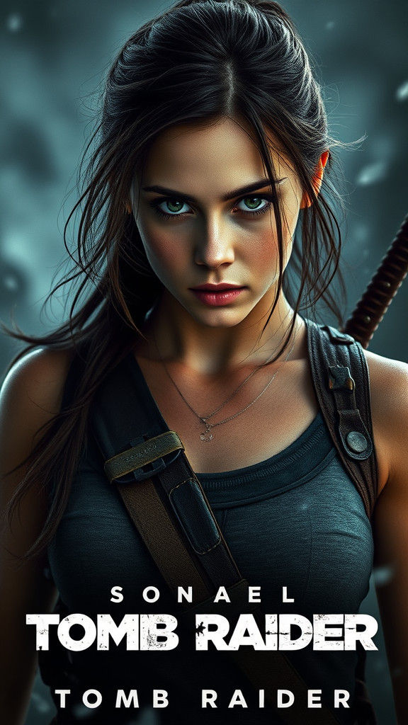 Lara Croft Movie Poster, Hyperrealistic Cinematic Style