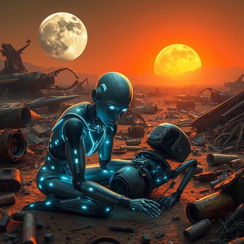 Cybernetic Android Contemplates Junkyard Ruins in a Futurist...