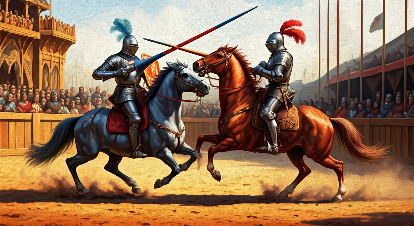 Knights Jousting in Dramatic Medieval Oil Painting