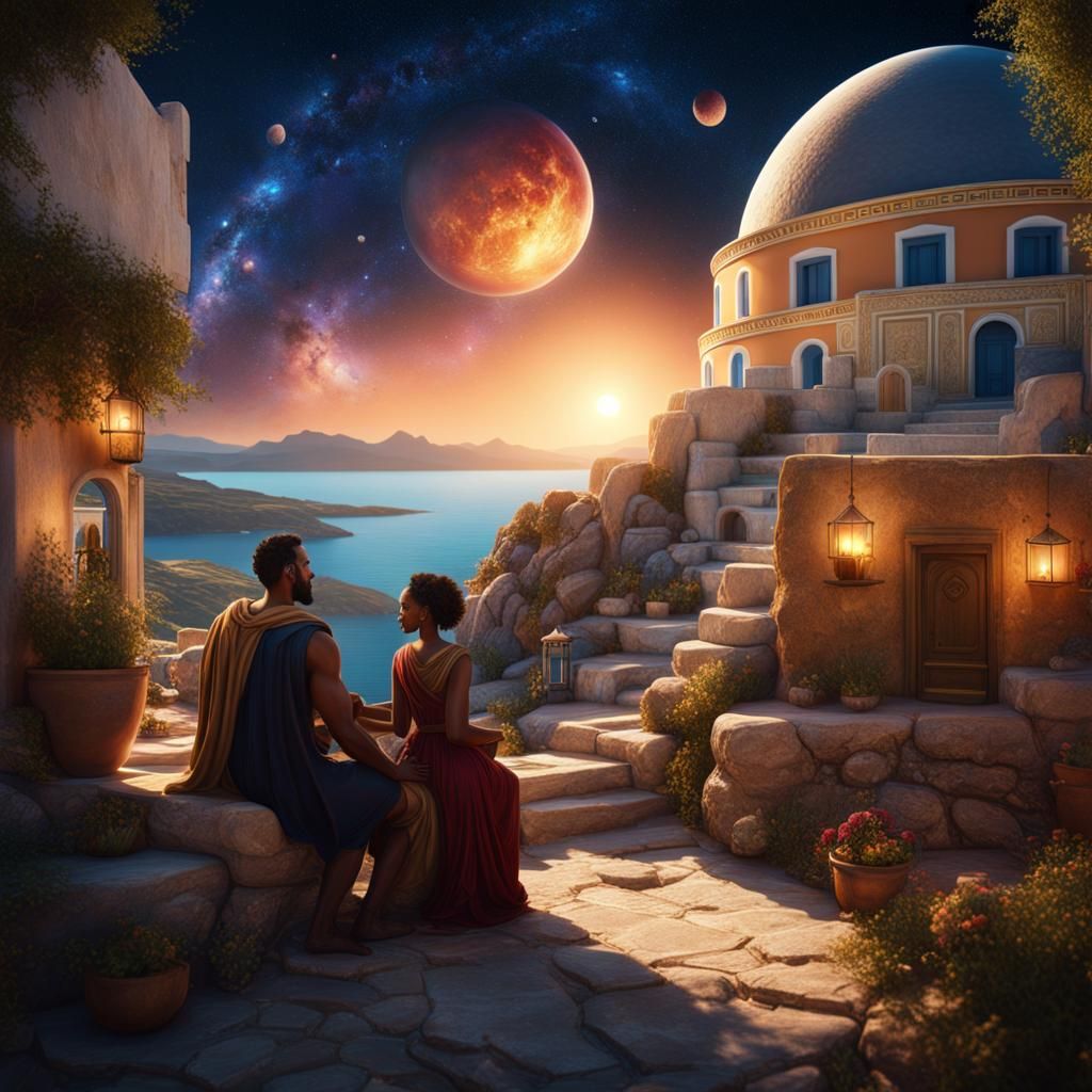 Multiracial Couple in Space Greek Village, Digital Art