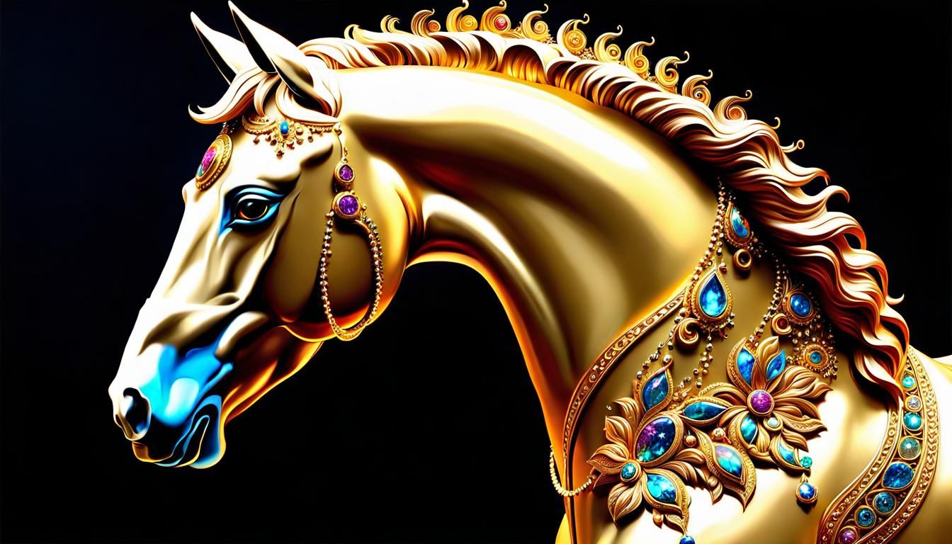Golden Fractal Horse Portrait in Digital Painting Style