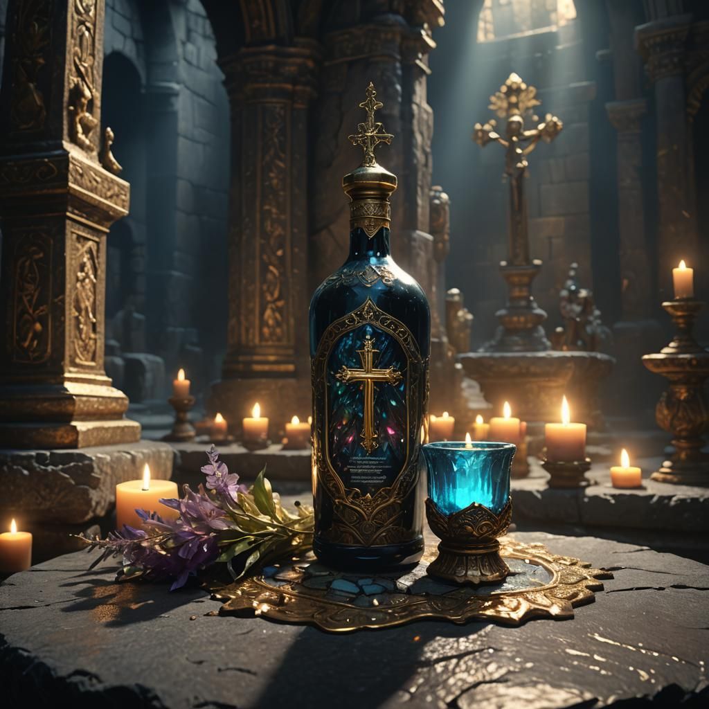 Holy Water Bottle on Altar: Dark Fantasy Art