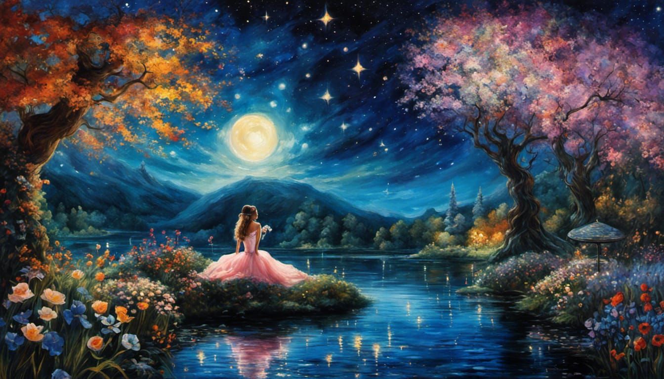 Starry Night Enchanted Wonderland: Gouache Watercolor Portra...