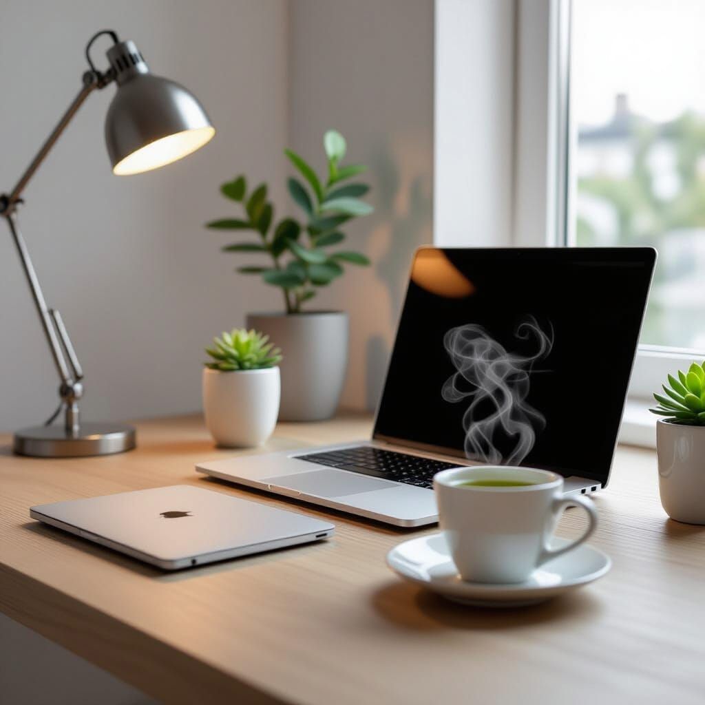 Sleek Minimalist Workspace with Macbook and Tea
