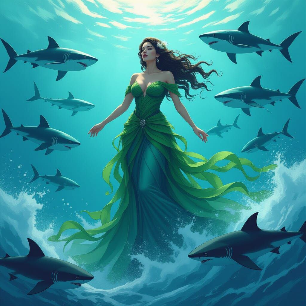 Water Goddess Amidst Shark Swarm on Tsunami Wave