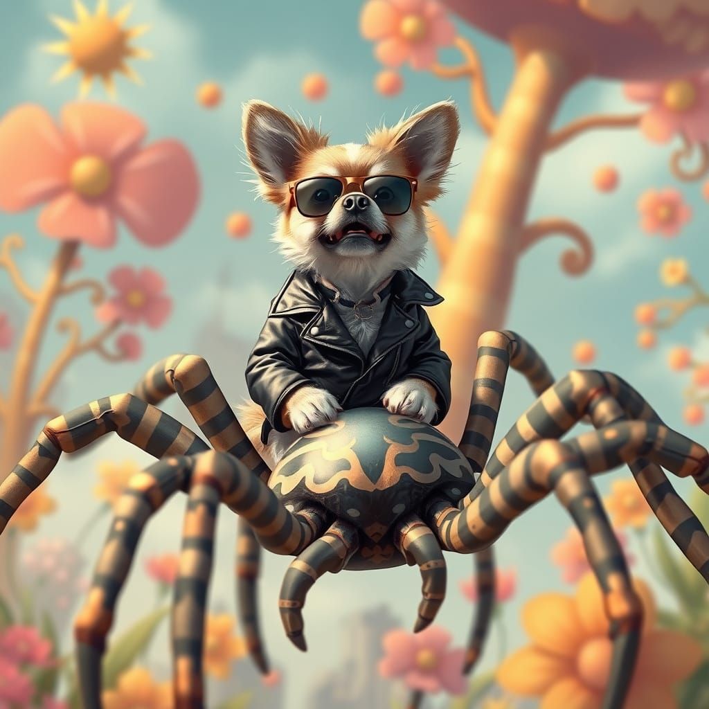 Dog Riding Majestic Spider in Vibrant Whimsical Landscape