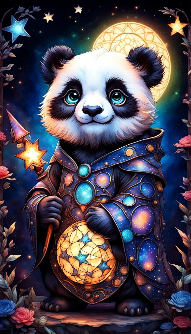 an adorable 3D chibi panda wizard, dark starry night, BIG gorgeous eyes,