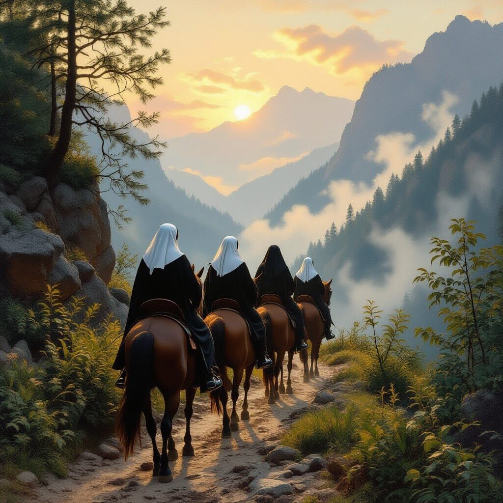 Nuns Ride Mountain Trail in 19th Century Style