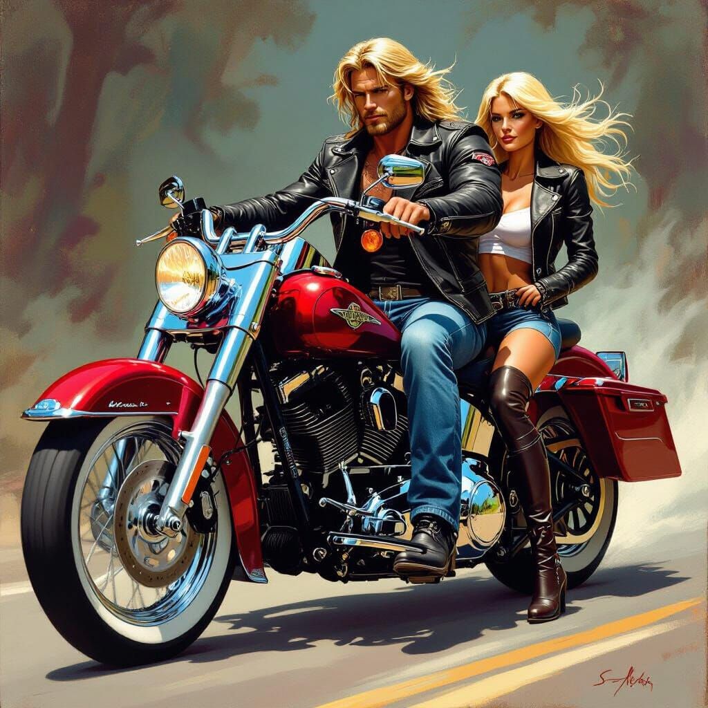 Motorcycle Rider with Passenger in Comic Book Style