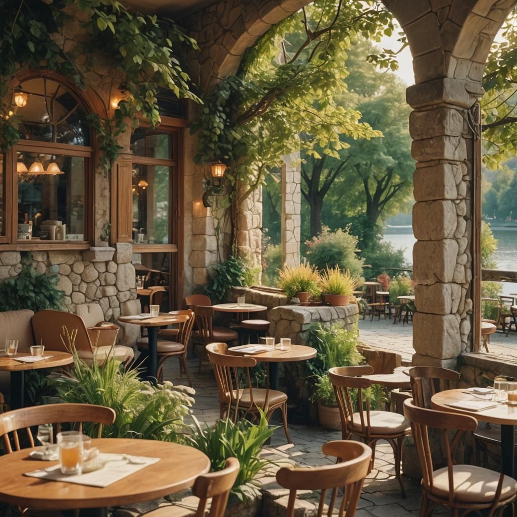 Cozy Impressionist Cafe with Lake View in Oil Painting Style