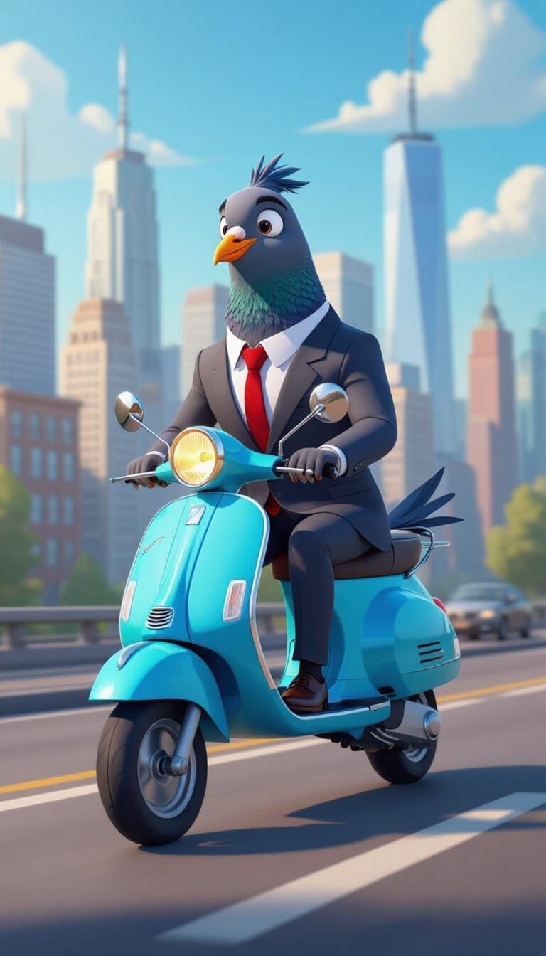 Pigeon Commute: Cartoon Scooter Ride Through the City