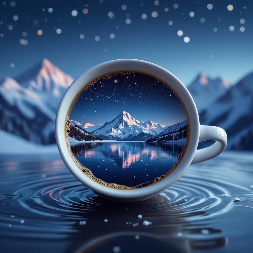 Night Sky Coffee Cup Reflection in Painterly Style