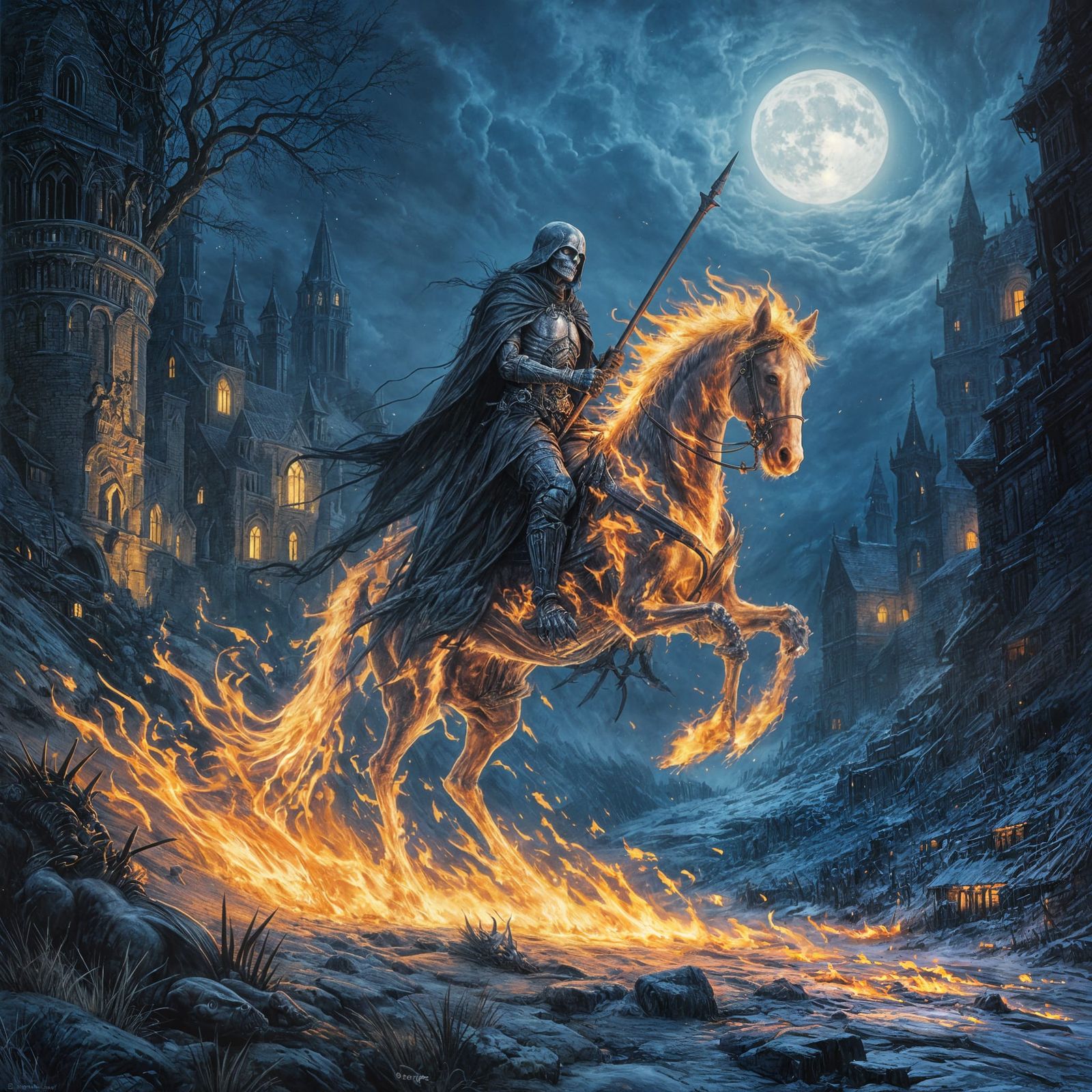 Dark Fantasy Warrior on a Flaming Horse