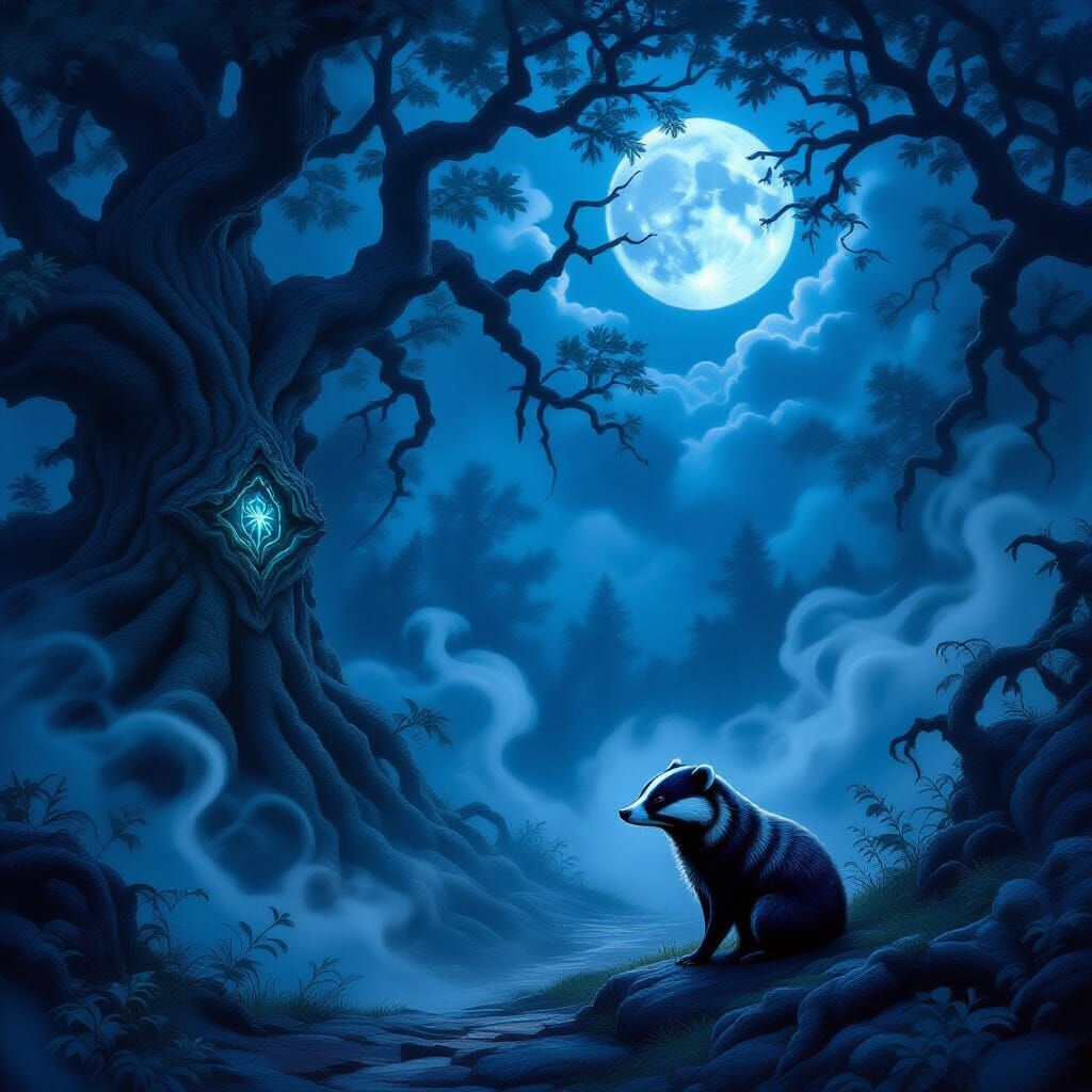 Mystical Badger in Moonlit Ancient Forest
