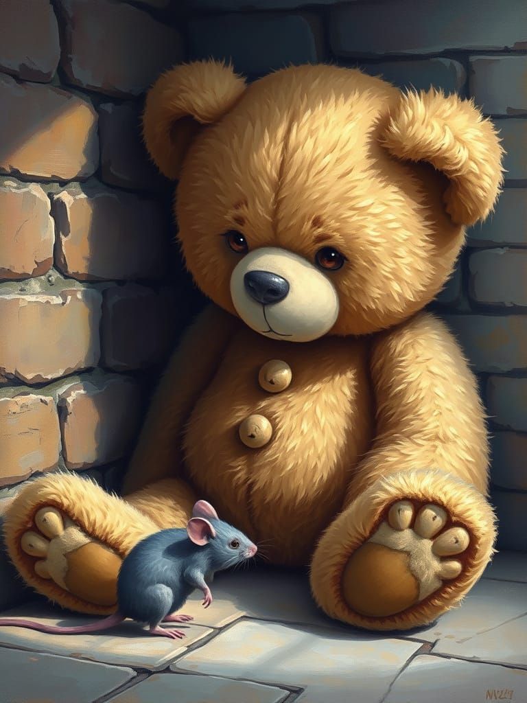 Teddy Bear and Mouse in Soft Oil Painting Style