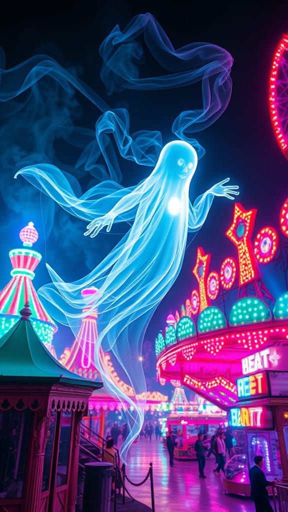 Ethereal Neon Specter Shines Amidst Vibrant Carnival Lights