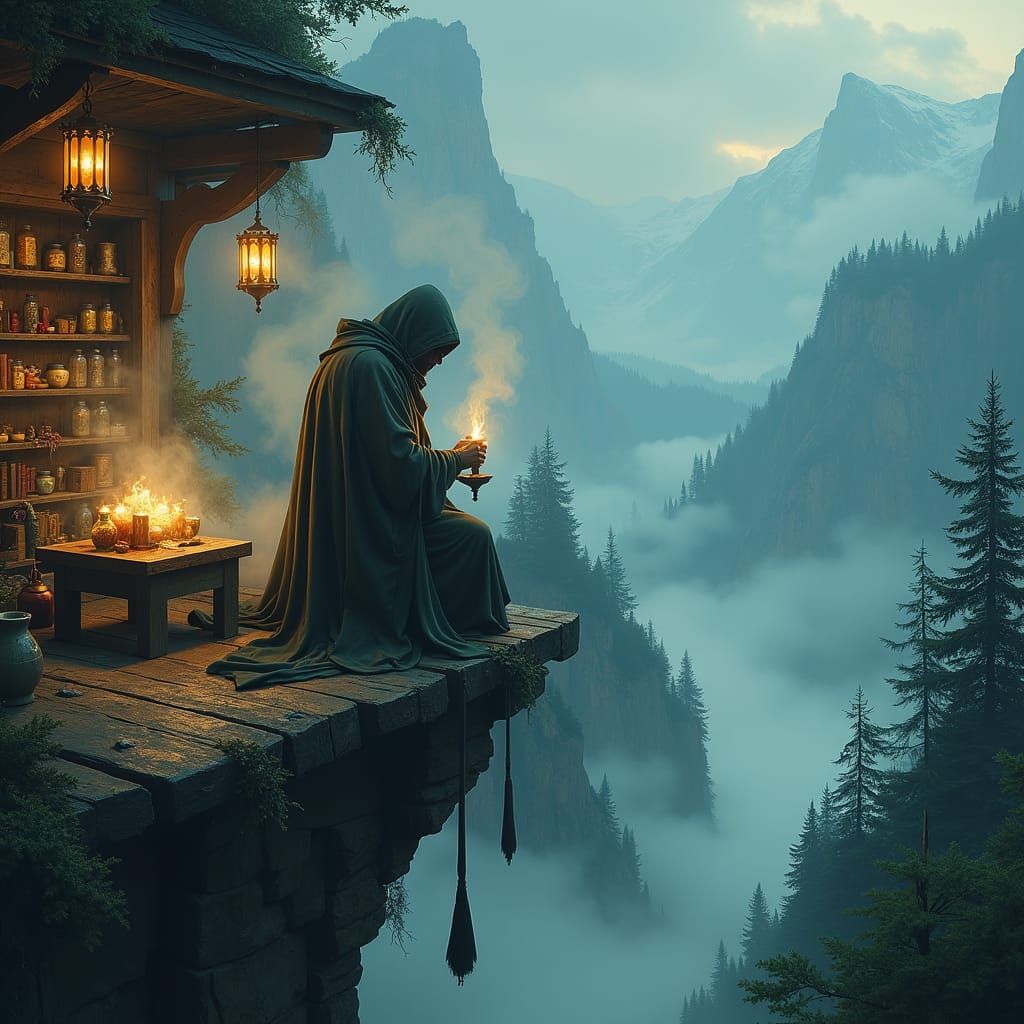 Demi-God of Smoke Crafting Elixir on Cliff