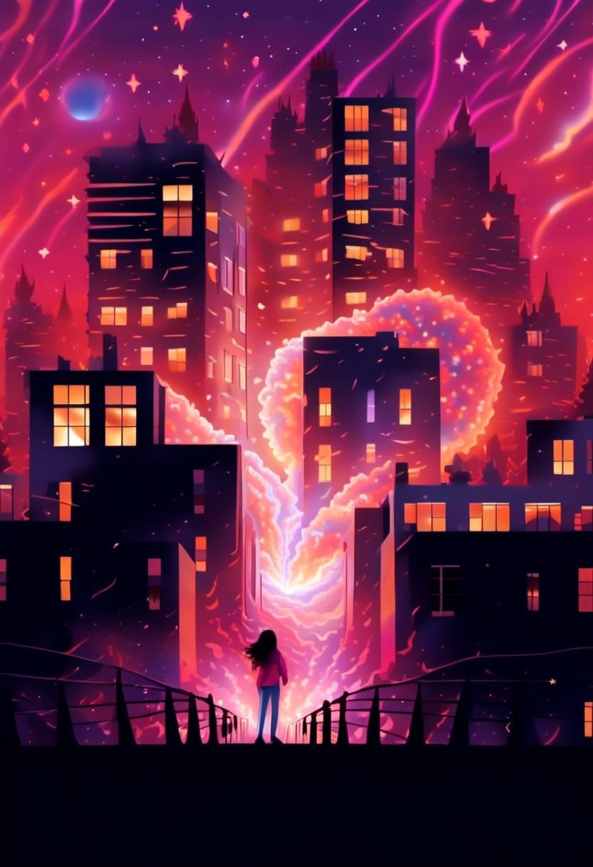 Neon Cityscape Under Exploding Star, Digital Art