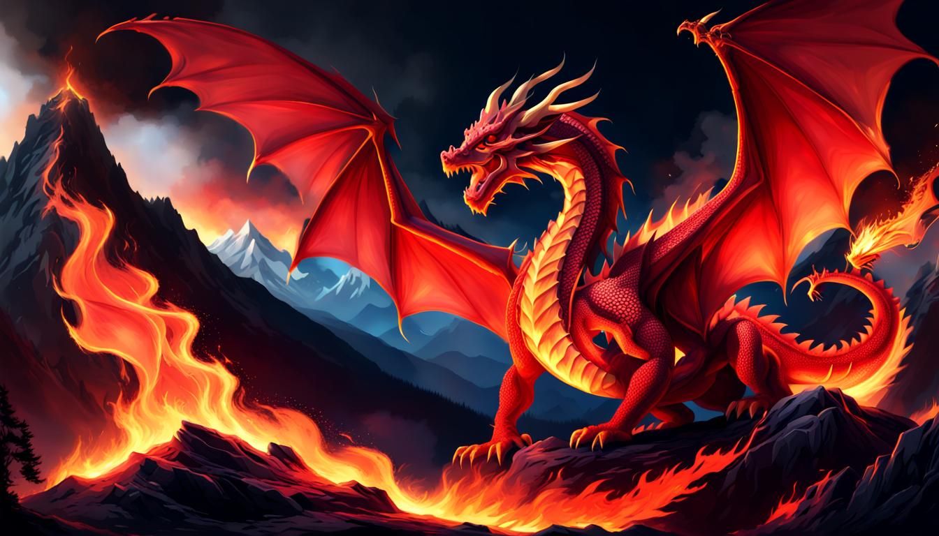 Vibrant Red Dragon Illustration on Mountain