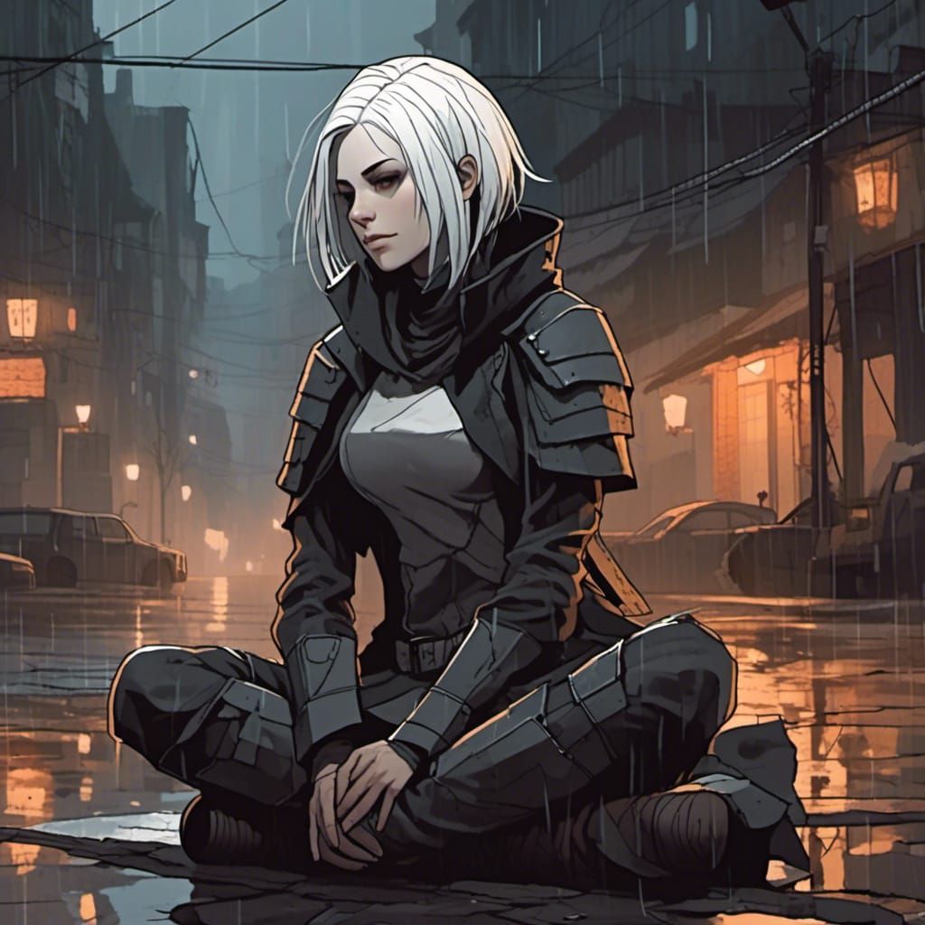 Cyberpunk Woman in Rain, Gothic Art Style