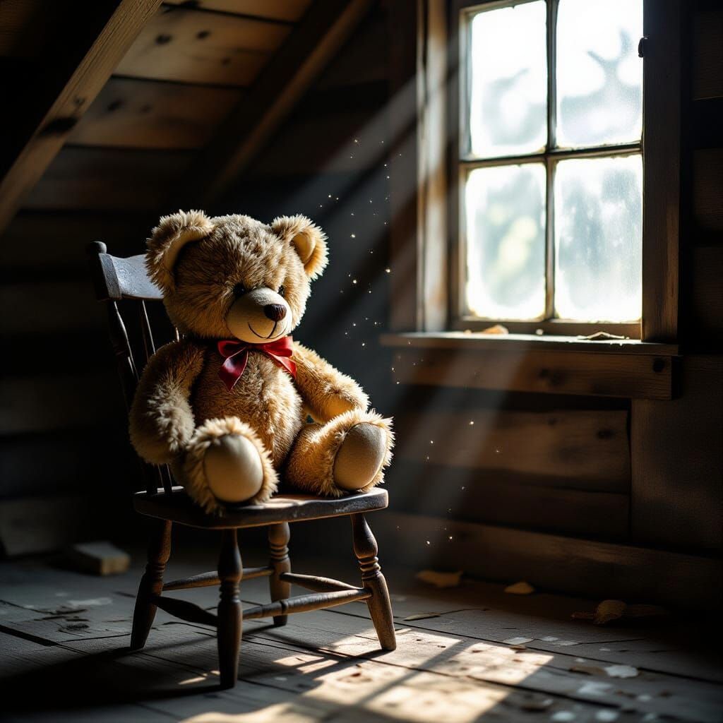 Antique Teddy Bear in Dusty Attic Sunlight