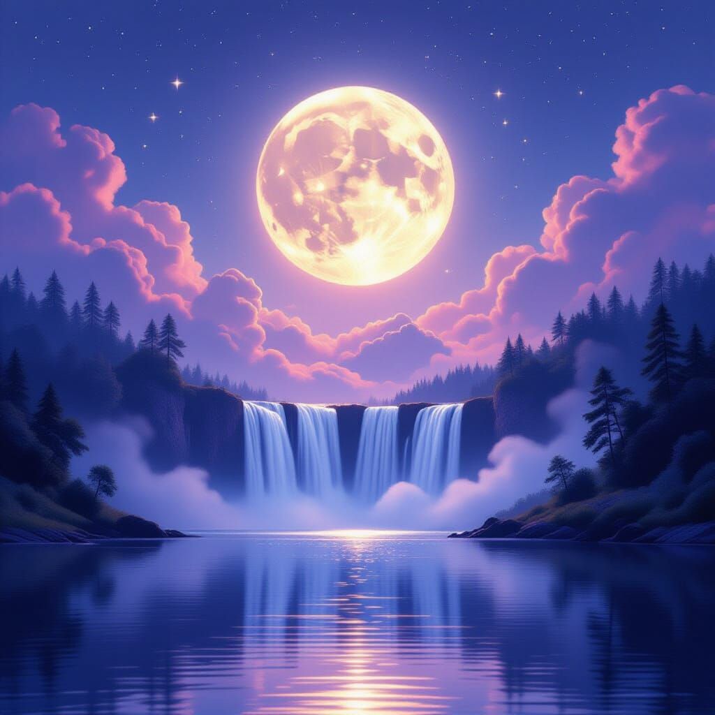 Dreamscape Moonlit Waterfall Above Serene Lake