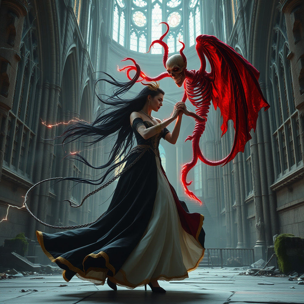 Gothic Cathedral Maiden Leads Revenant in Arcane Dance