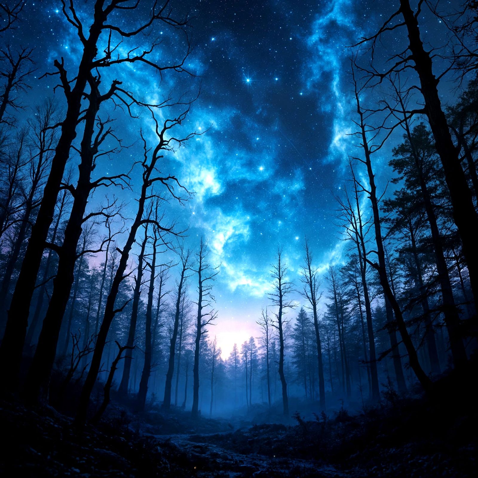 Cosmic Night Sky with Swirling Nebula Clouds and Stars