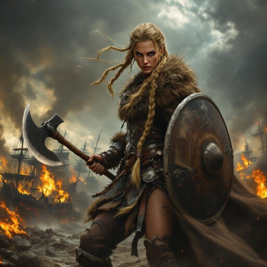 Triumphant Shieldmaiden on Smoldering Battlefield, Pre-Rapha...