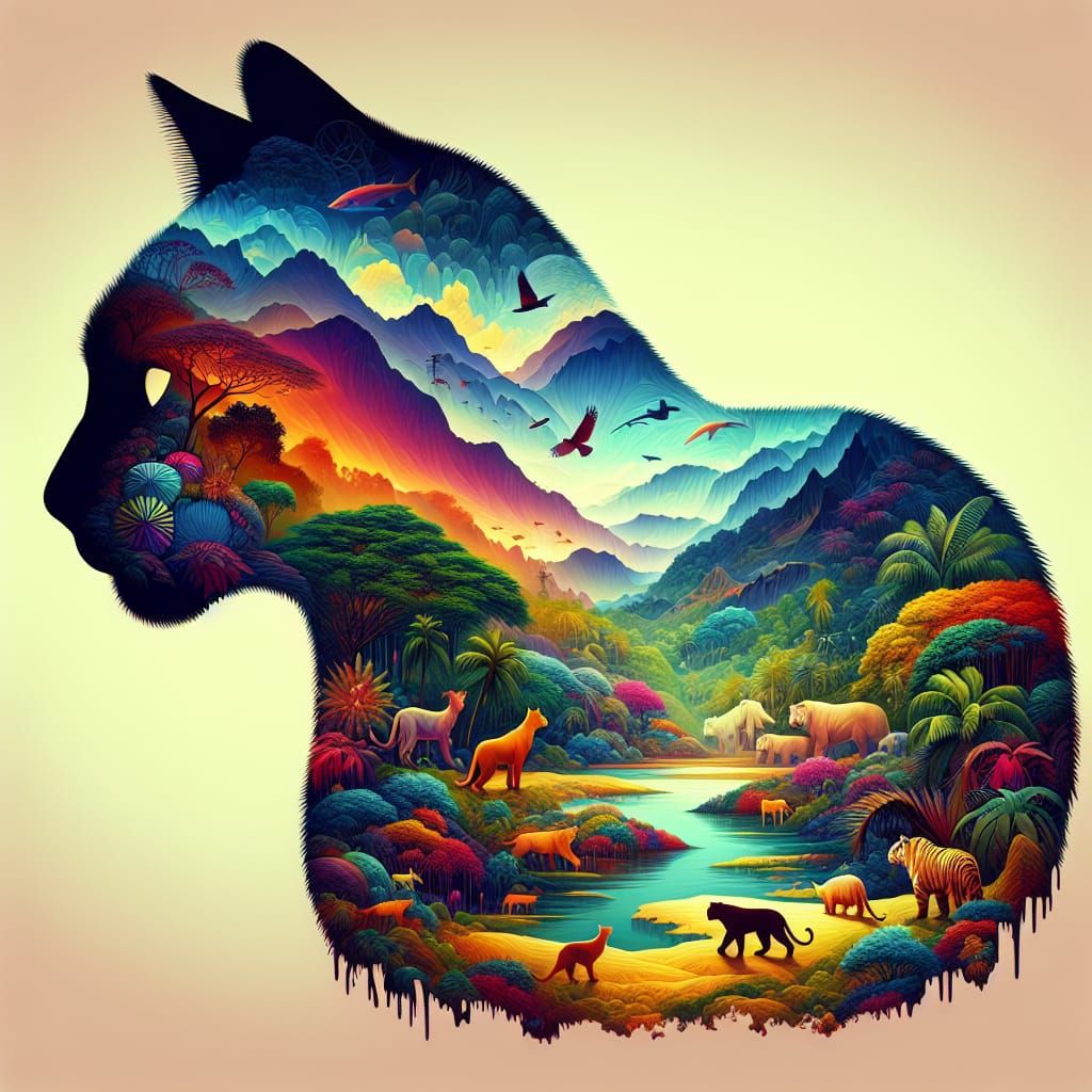 Cat Silhouette Filled with Fantasy Landscapes