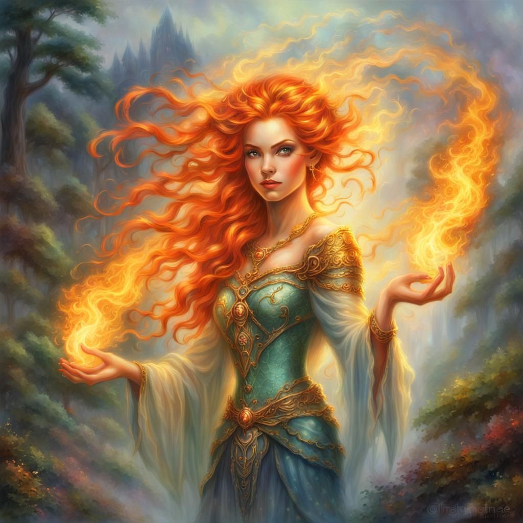 Ethereal Fantasy Elf Queen with Fiery Hair