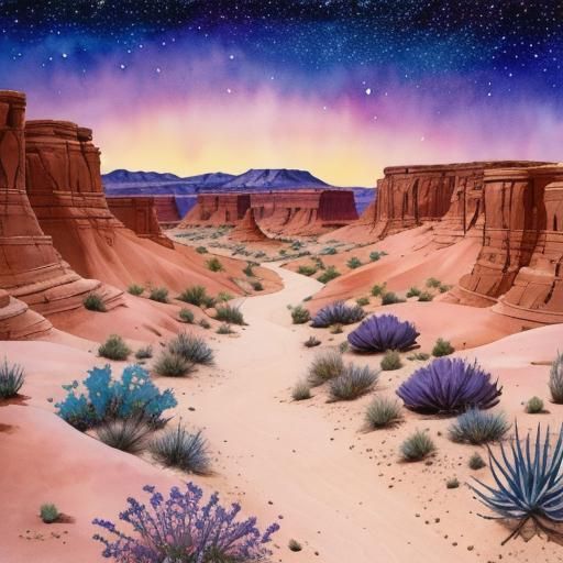 Watercolor Canyon Desert Night Sky with Stars