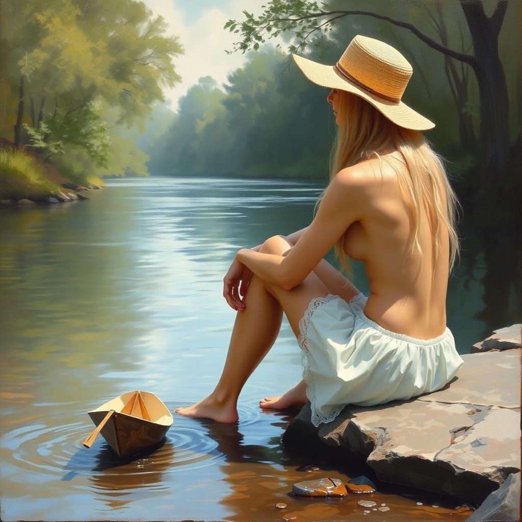 Serene Woman by River in Oil on Canvas Style