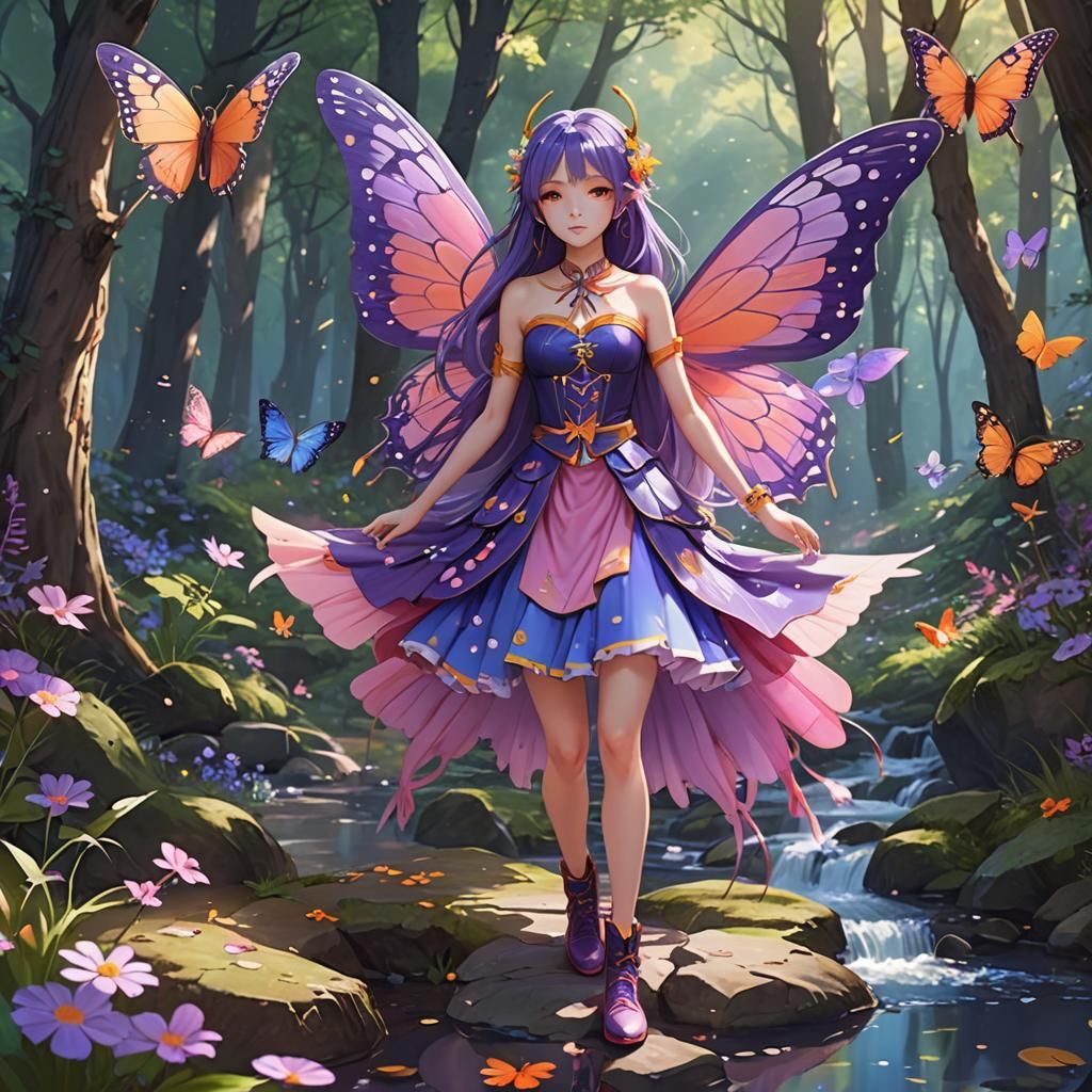 Anime Maiden with Butterfly Wings in Magical Forest