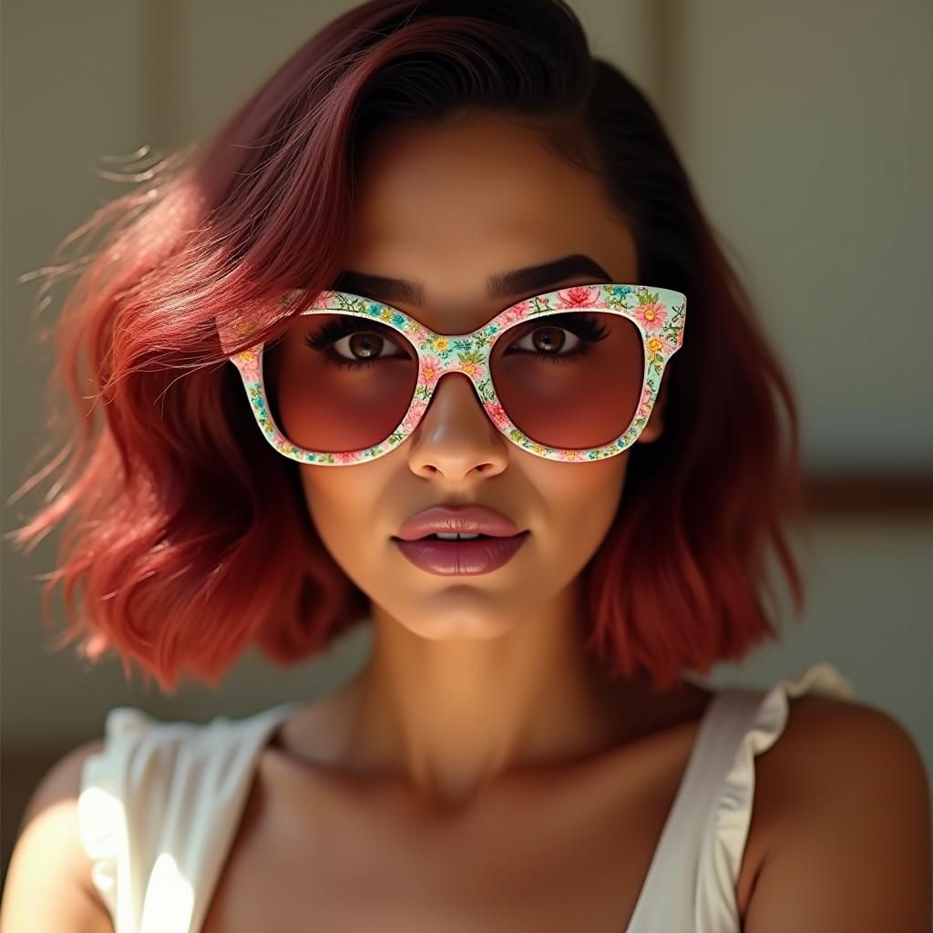 Hispanic Woman with Floral Glasses in Hollywood Regency Styl...
