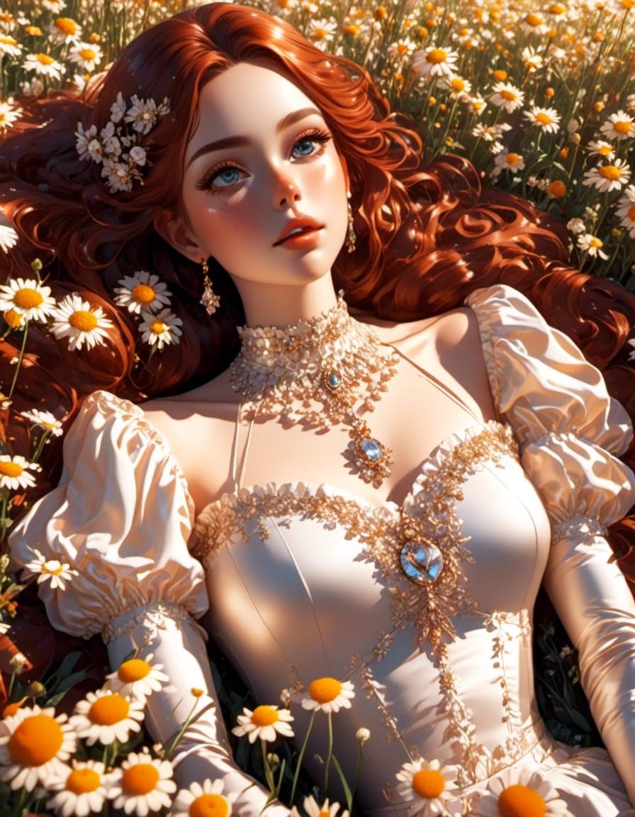 Freckled Woman in Flower Field at Sunrise