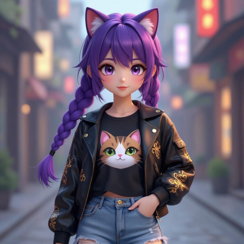 Anime Girl in Cat T-Shirt and Golden Pattern Jacket