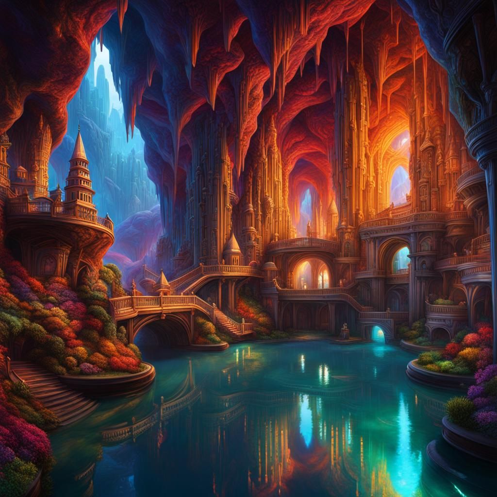 Crystal Cavern Underground City: Digital Art