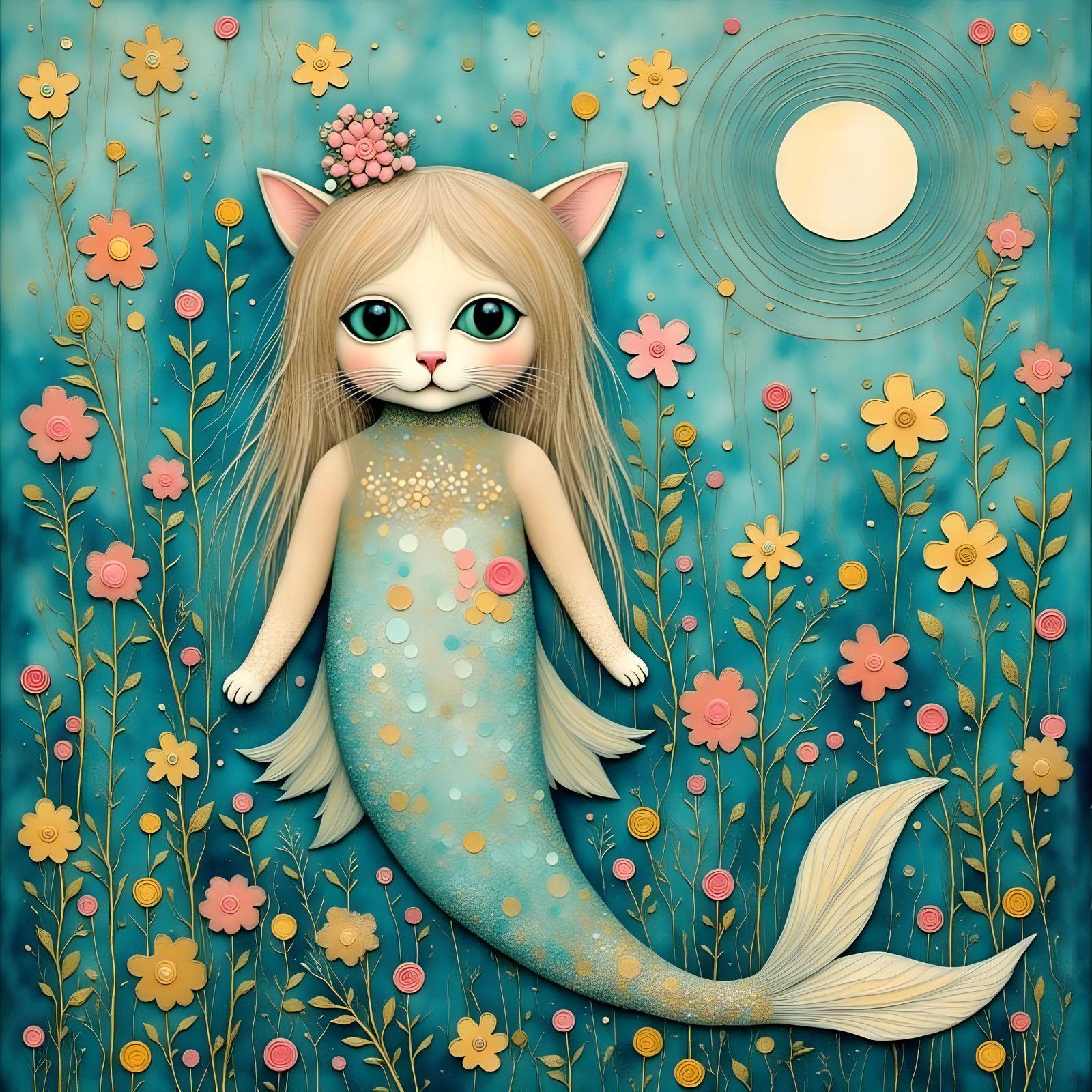 A Cute Cat Mermaid in Whimsical Shadow Art