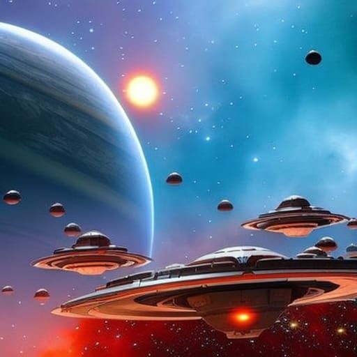 Sci-Fi Spaceship Among Planets and Stars