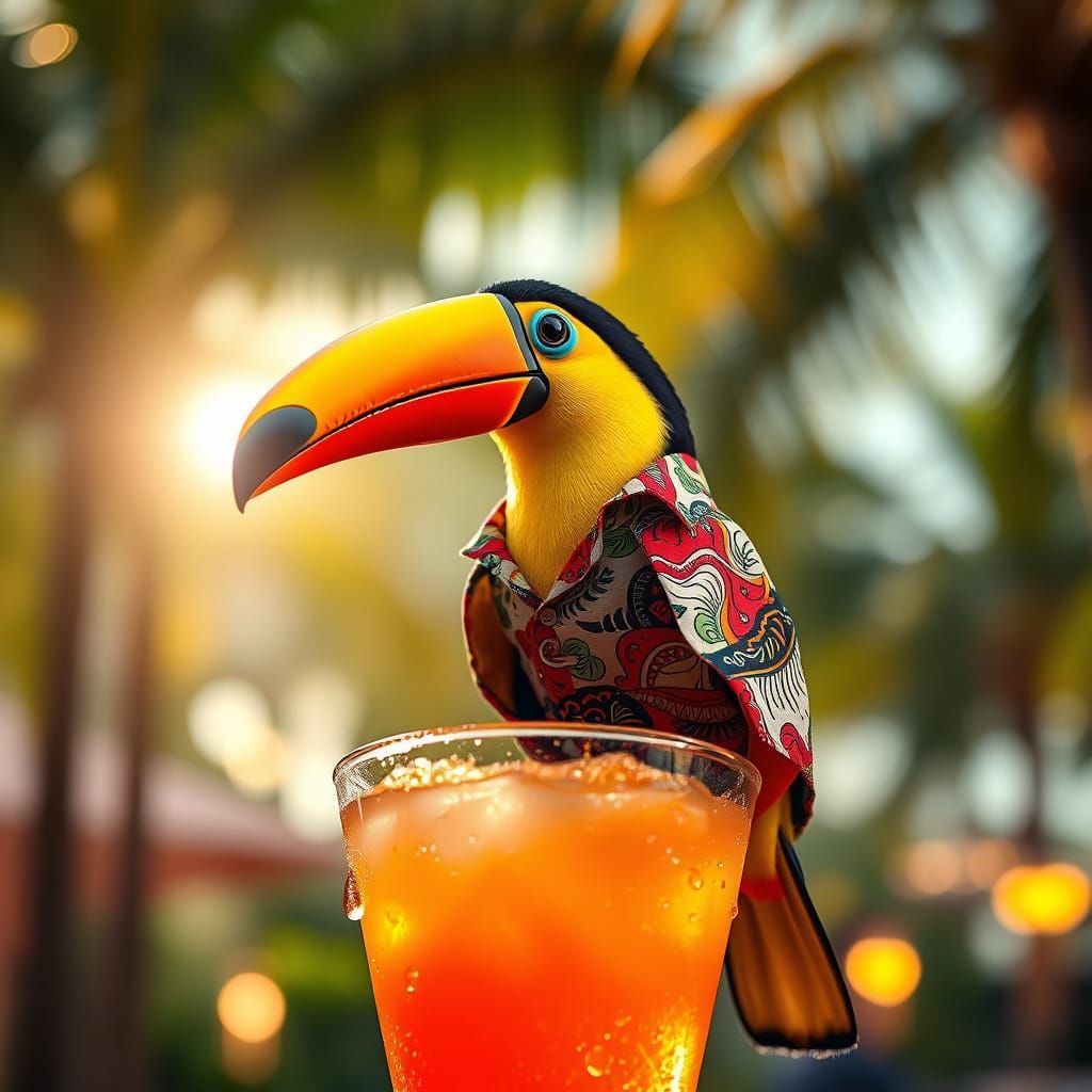 Miniature Toucan in Hawaiian Shirt on Cocktail