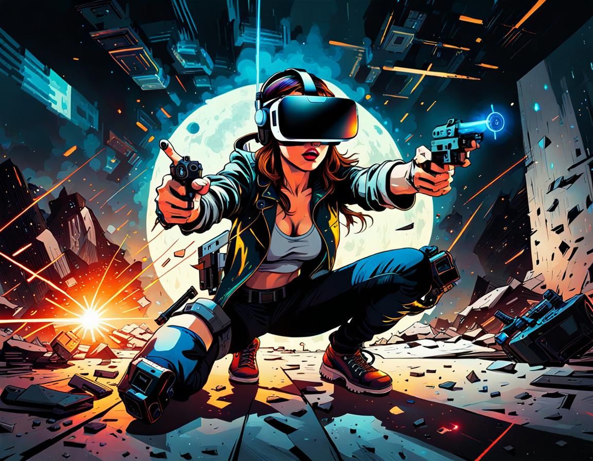 Gamer Girl in VR Simulation as Digital Illustration