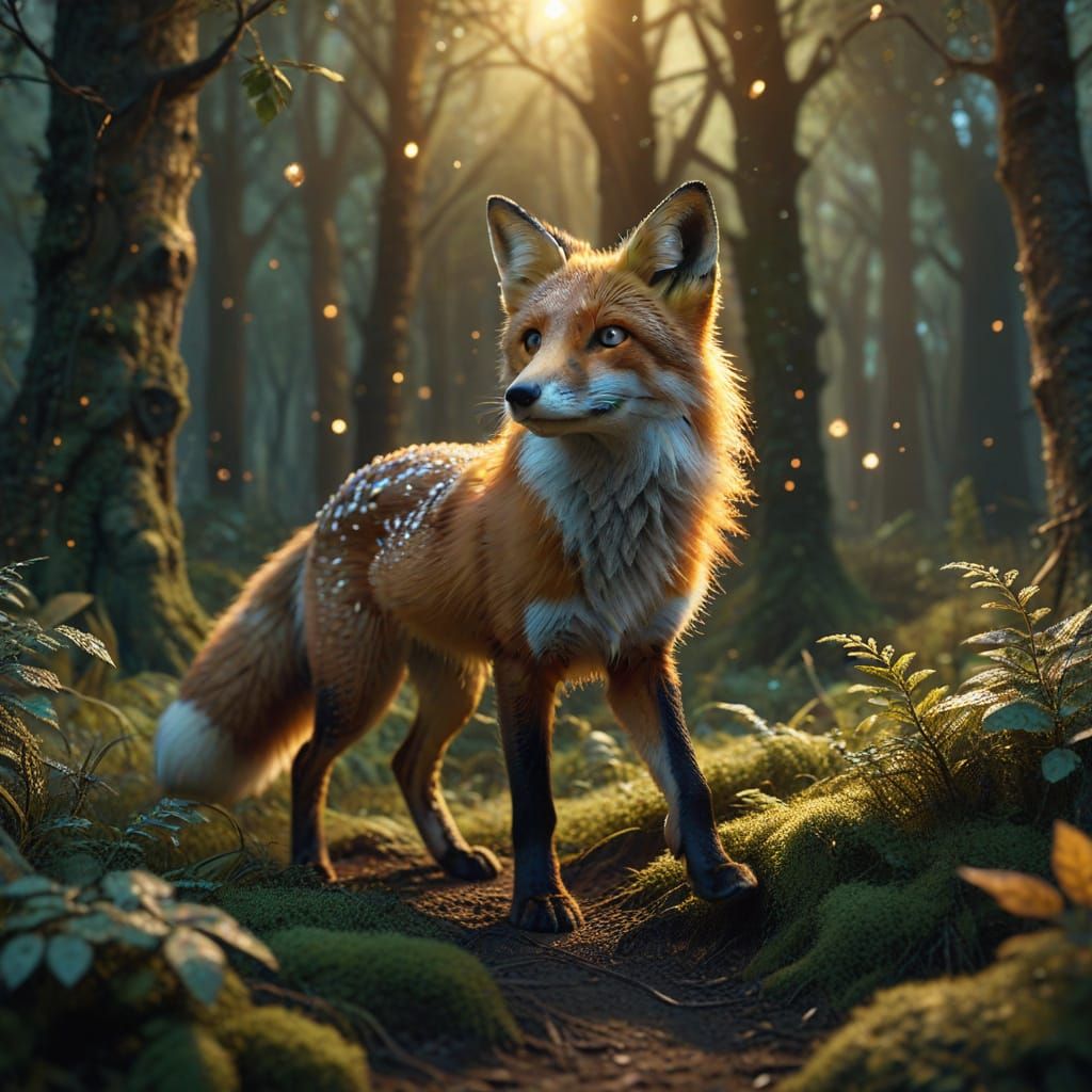 Fox Walks in Forest with Ethereal Starlight: Matte Painting