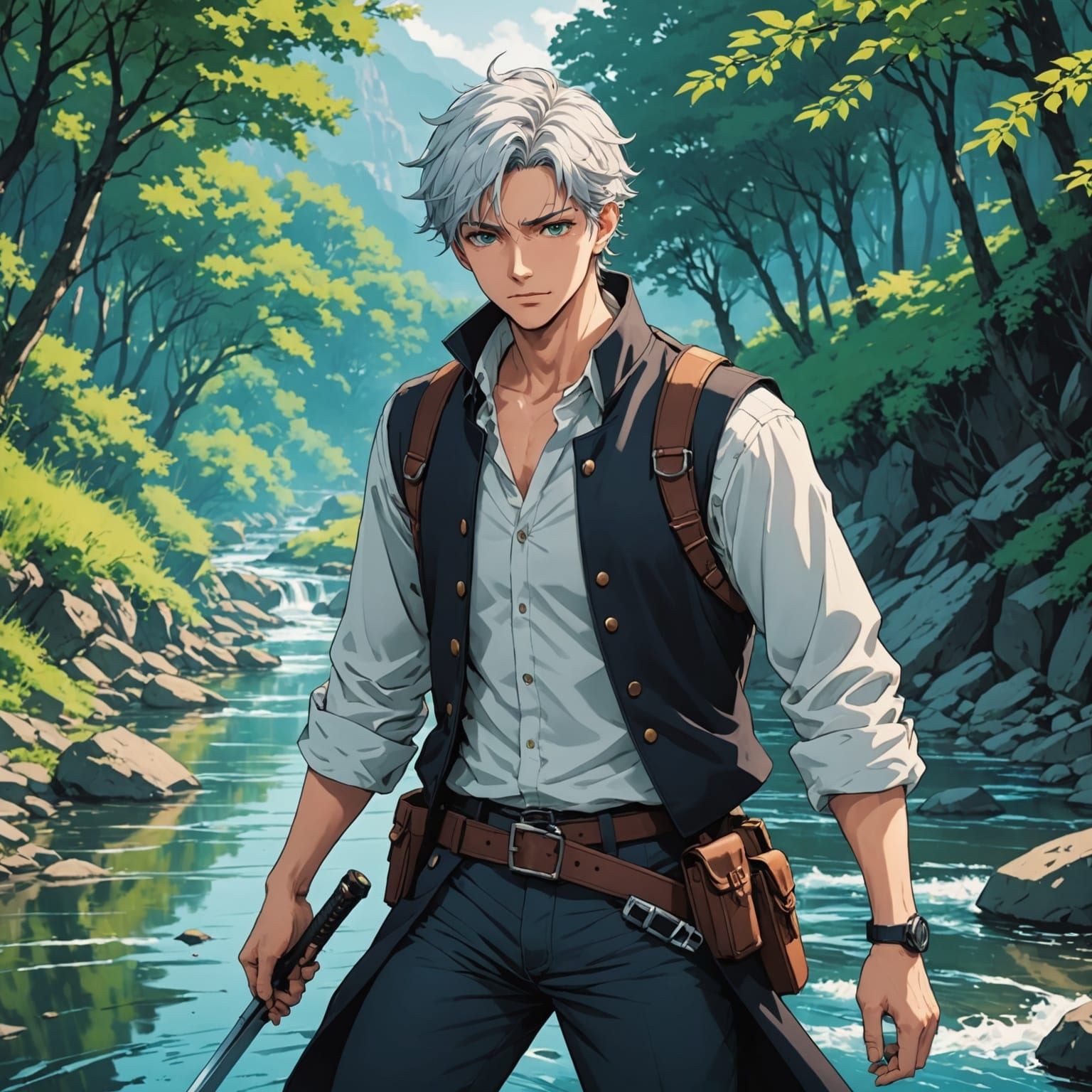 Young Bard with White Hair Stands Tall by the Majestic River...