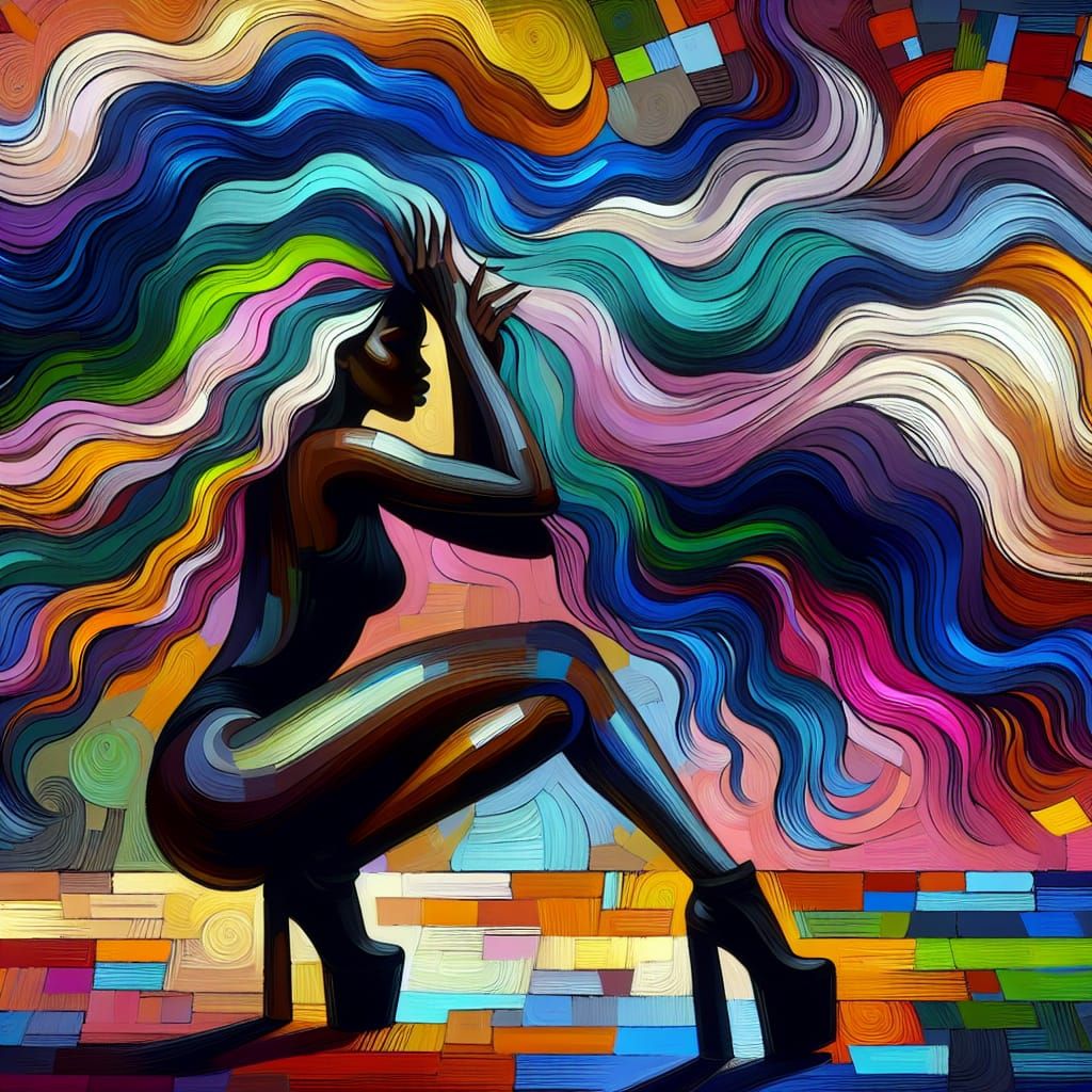 Abstract Painting of Woman with Multicolored Hair