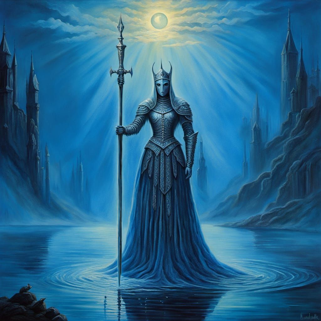 Lady of the Lake Battles Evil: Surreal Oil Painting