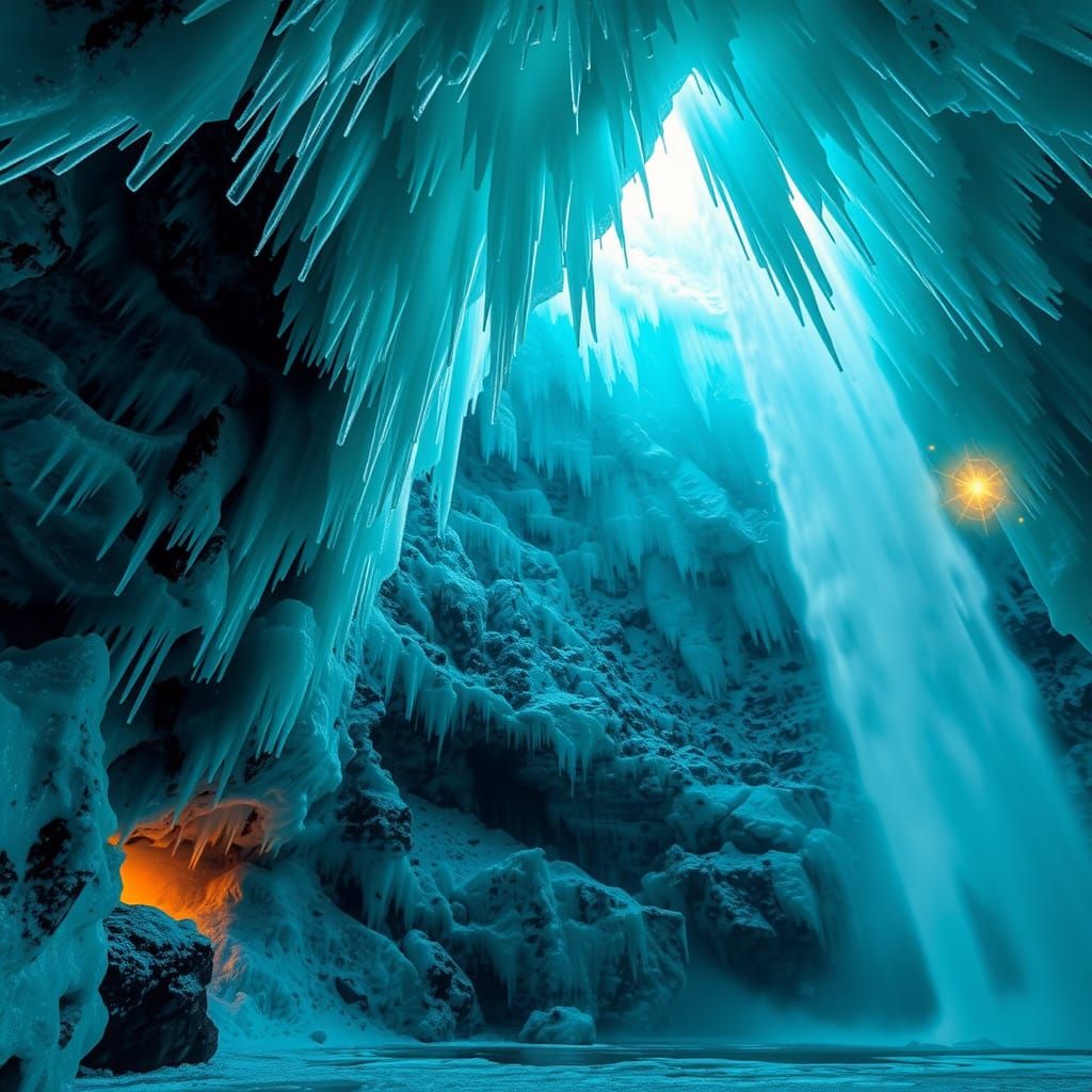Majestic Turquoise Waterfall in Crystalline Ice Cave