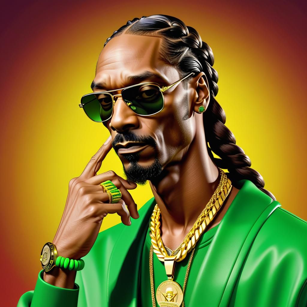 A striking 3D cartoon illustration of Snoop Dogg as an iconi...