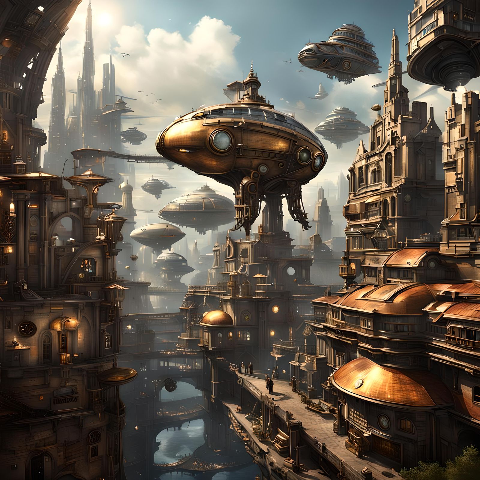 Steampunk Spaceship Soaring Over Futuristic City